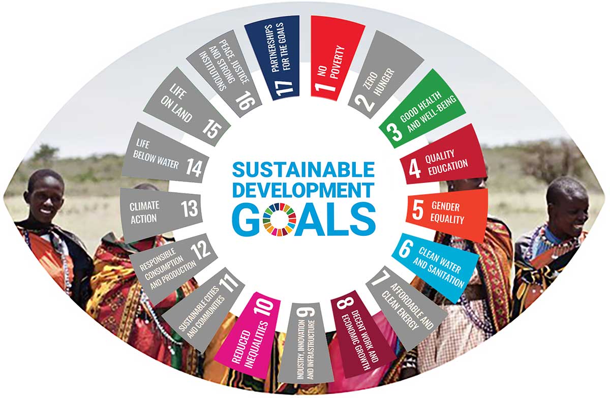 Infographic showing which SDGs vision impacts including Goal 1: No poverty Goal 2: Zero hunger Goal 3: Good health and well-being Goal 4: Quality education Goal 5: Gender equality Goal 8: Decent work and economic growth Goal 10: Reducing inequality