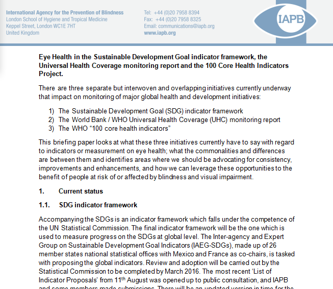 The Indicators Framework in support of SDGs and eye health