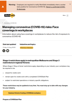 Worksafe Victoria: Managing coronavirus (COVID-19) risks: Face coverings in workplaces