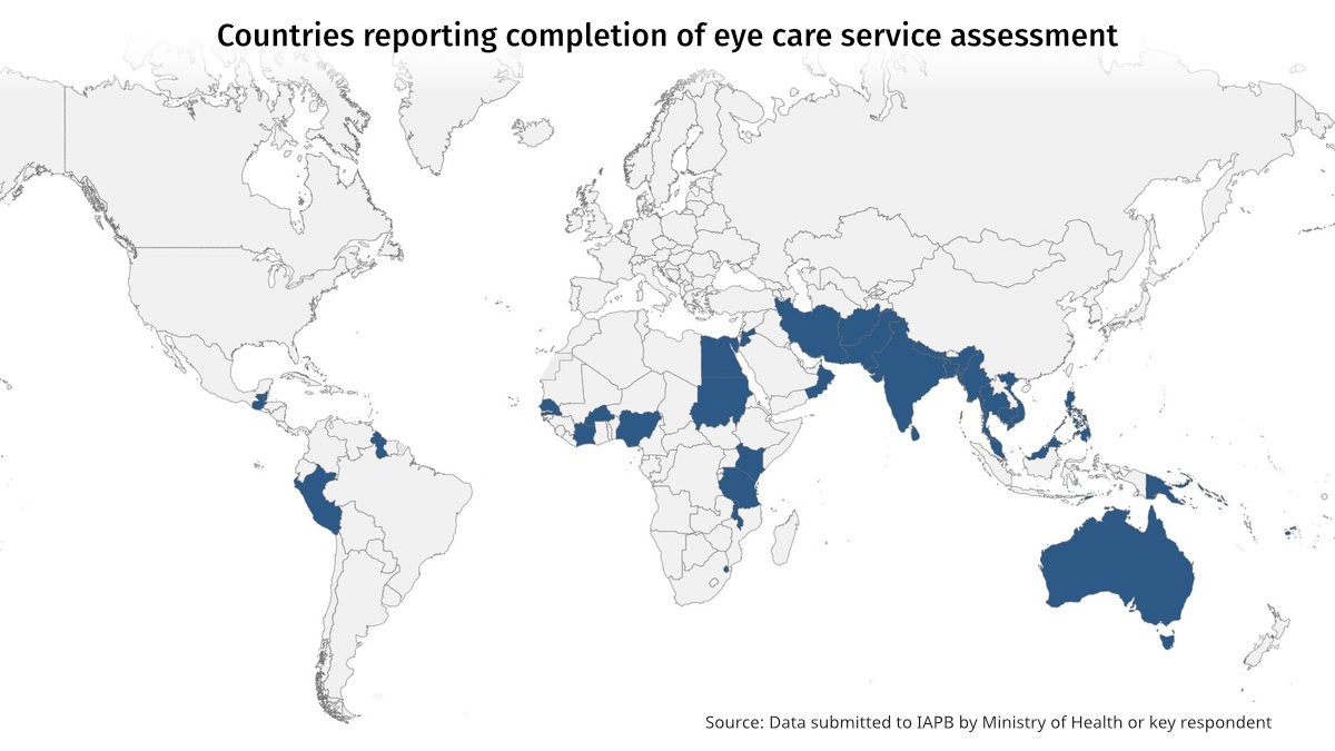 Mapa que muestra 40 países que informan de la finalización de la evaluación de los servicios de atención ocular, la mayoría en Asia y África.