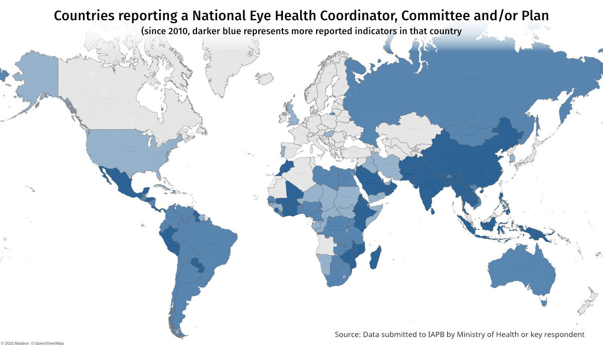 Map showing Countries reporting a National Eye Health Coordinator, Committee and/or Plan. REporting is higer in Asia, Africa and Latin America, and low in Europe.