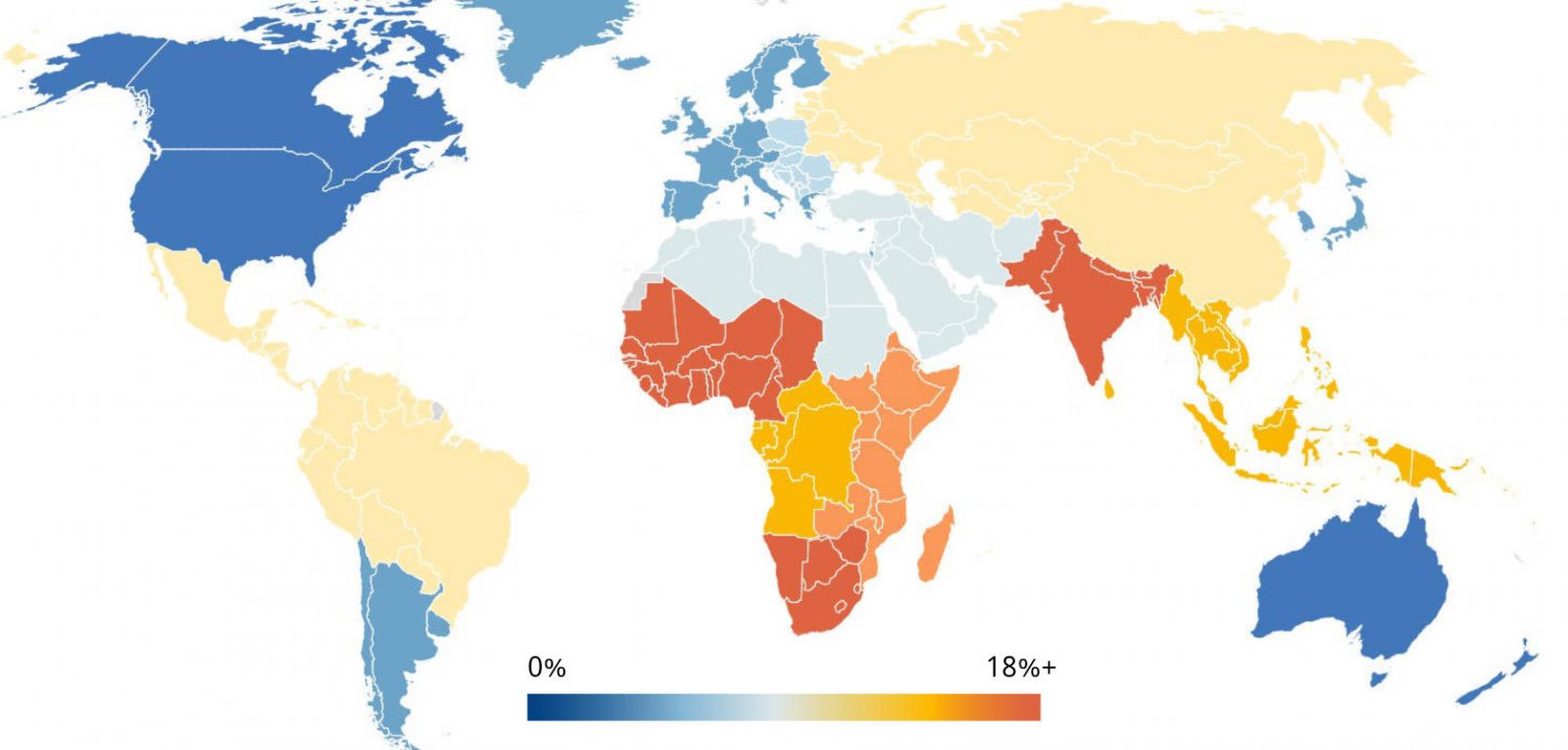 Map of world showing rates of vision loss, high in Africa and South Asia