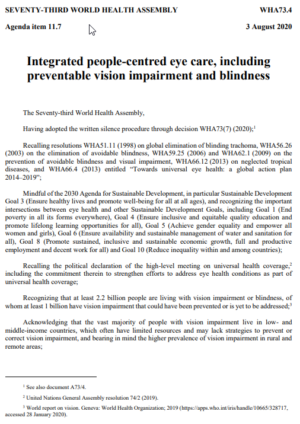 WHA resolution on Integrated people-centred eye care