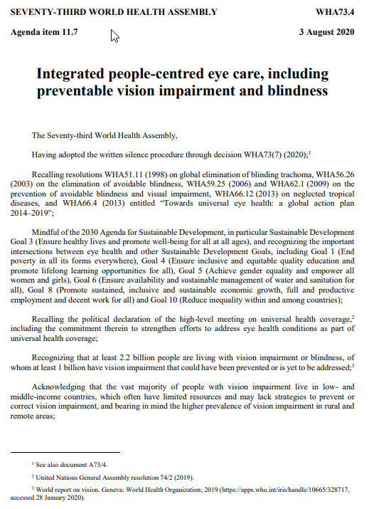 WHA resolution on Integrated people-centred eye care