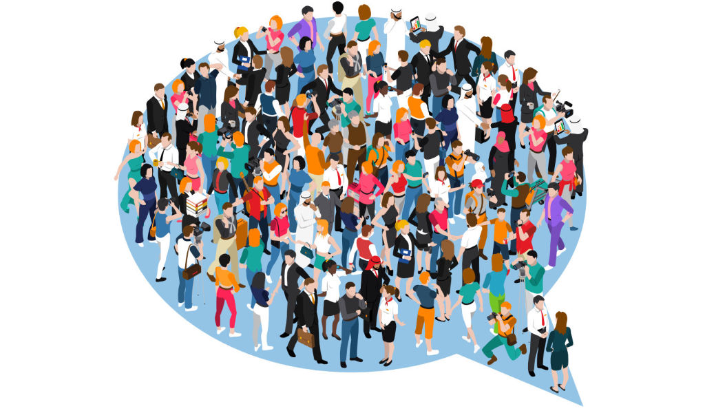 Illustration of around 100 diverse people inside a large speech bubble