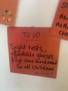 Sticky that says to Do Sight tests, affordable glasses