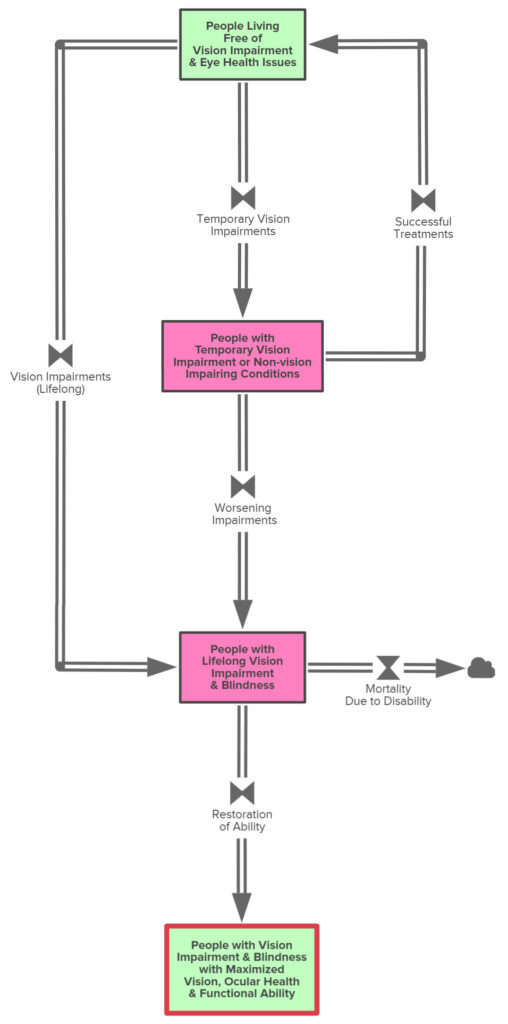 Systems map showing that we can all remain, or quickly return, to a state where we are living with maximised vision, ocular health, and functional ability.