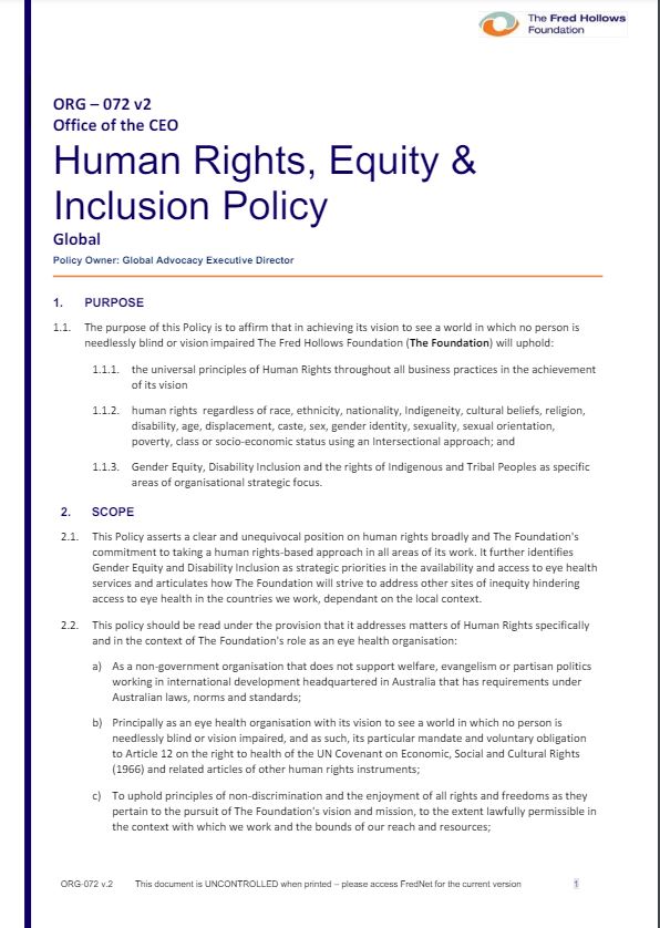 The Fred Hollows Foundation  Human Rights, Equity and Inclusion Policy