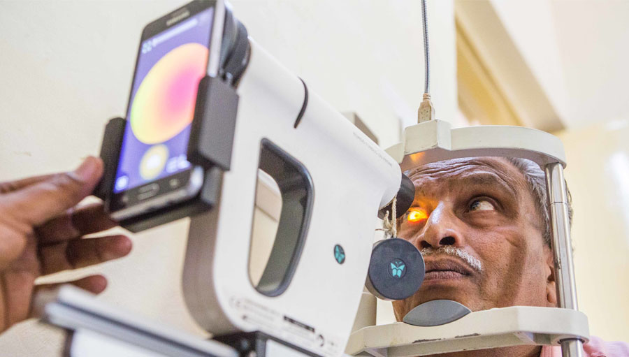 A patient with diabetic retinopathy undergoes an eye test