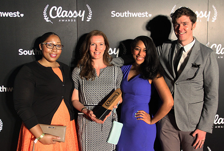 HelpMeSee team members pose with Classy Award (pictured left to right): Leticia John, Molly Biechele, Stefany Marranzini, and Matthew Hurst