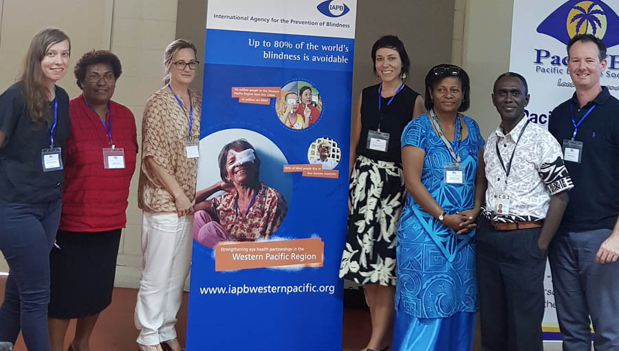 PacEyes conference: Dr Anthea Burnett (BHVI) Dr Jambi Garap (PNG) Amanda Davis, Marleen Nelisse (FHHNZ) Dr Ana Cama (PacEyes) Dr Mundi Qalo (Pacific Eye Institute) Drew Keys.