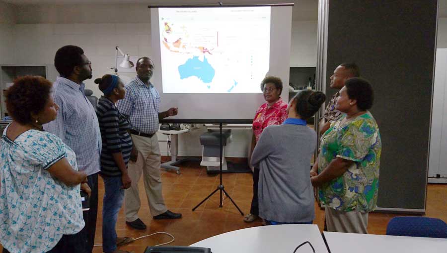 Fiji, PNG and Tonga launch Vision Atlas/ Photo L to R Dr Linda Lep, medical students, Lisiot and Daniel, Dr Geoffrey Wabulembo, Dr Jambi Garap, registrars, Dr Dennis Likia and Dr Maggie Mangot, Nerissa Wesley, PNG Eye Care.