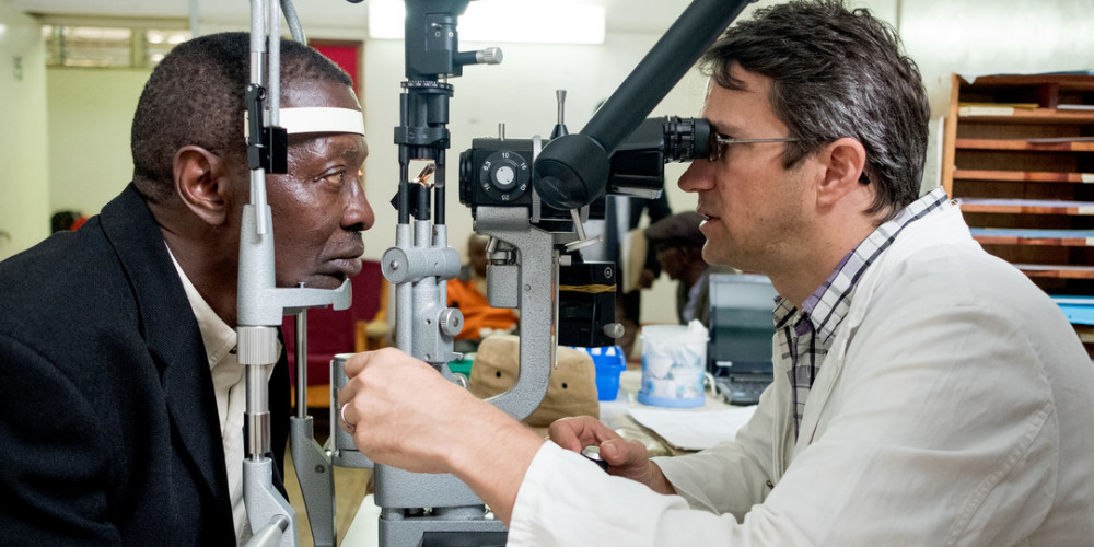 Glaucoma patient Mushi Ebenezer has a checkup with Dr Heiko Philippin at KCMC (project 393) in Moshi, Tanzania on June 8, 2018